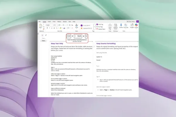OneNote добавляет вставку текста без форматирования
