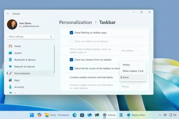 Настройки ярлыков приложений в Панели задач Windows 11